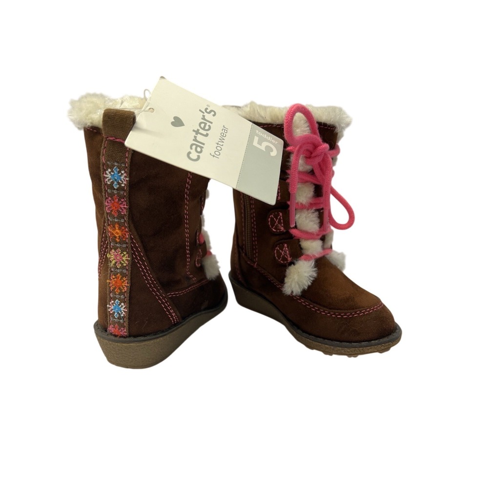 Carter's Lindsay-C Winter Boots Toddler 5 Brown Pink‎ Faux Fur Floral Embroidery